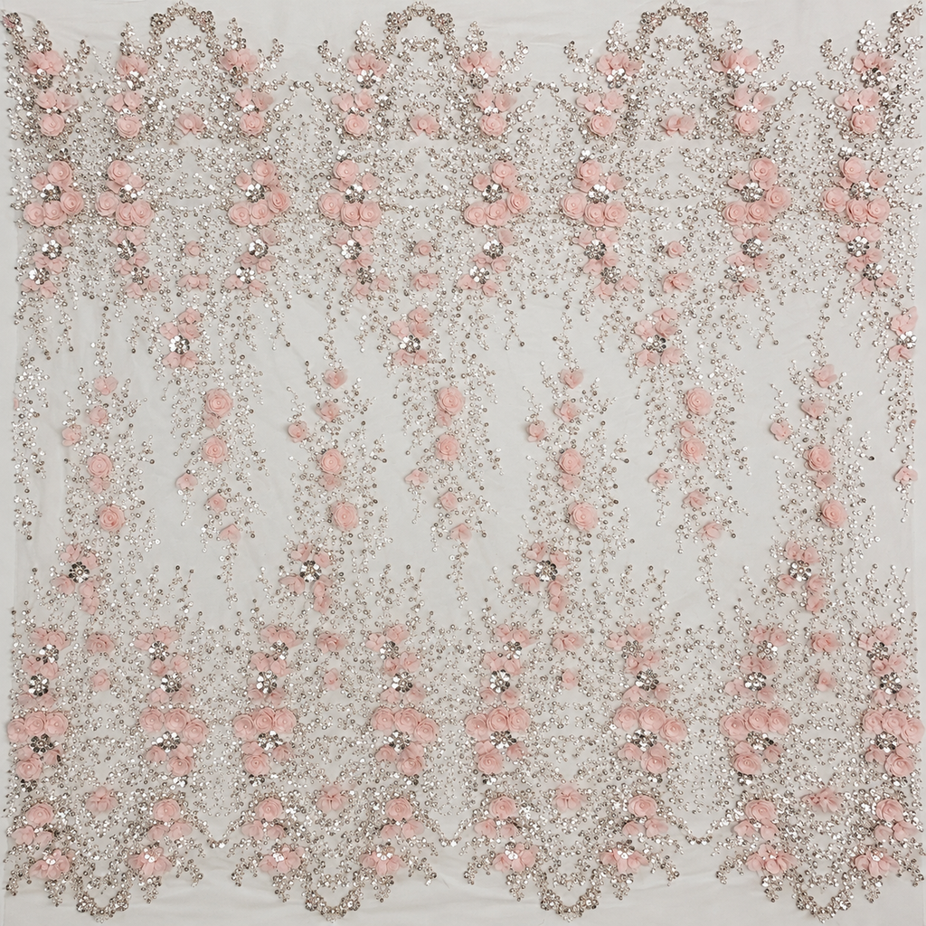 3D Rose Floral Beaded & Sequin Embellished Mesh Fabric