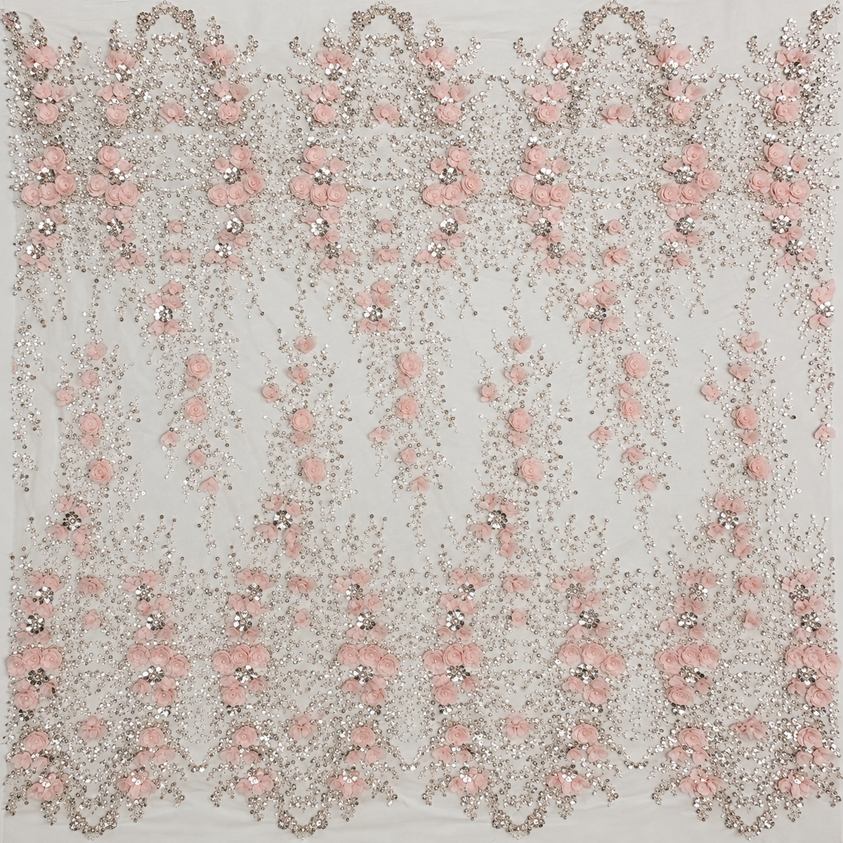 3D Rose Floral Beaded & Sequin Embellished Mesh Fabric