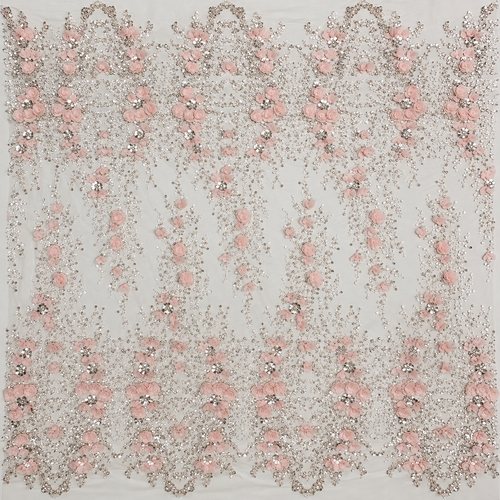 3D Rose Floral Beaded & Sequin Embellished Mesh Fabric