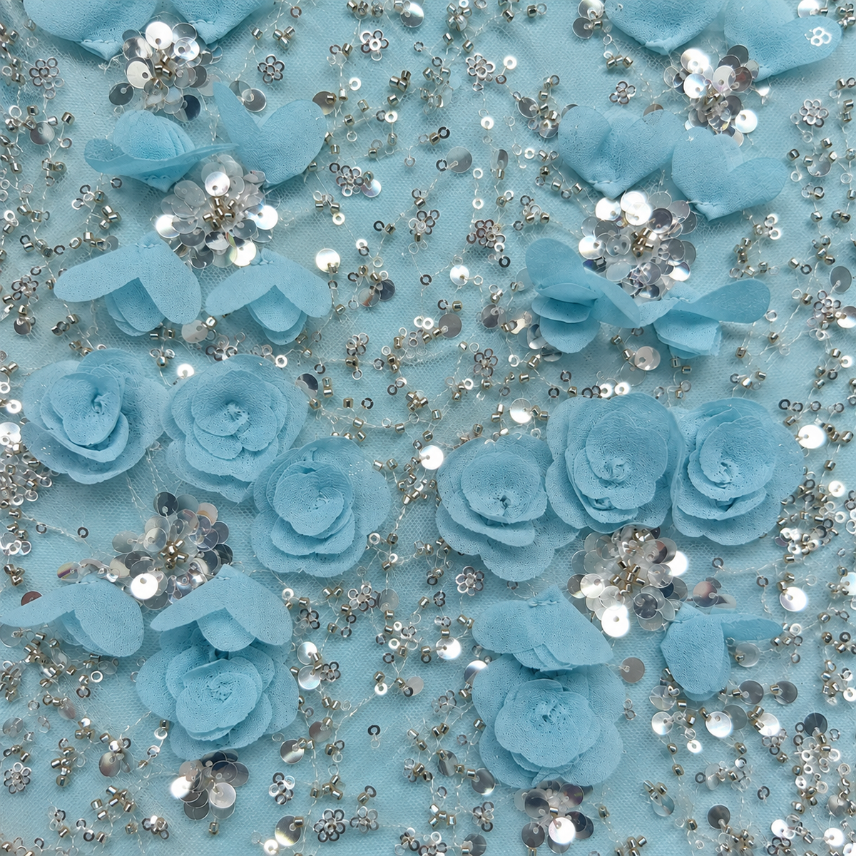 3D Rose Floral Beaded & Sequin Embellished Mesh Fabric