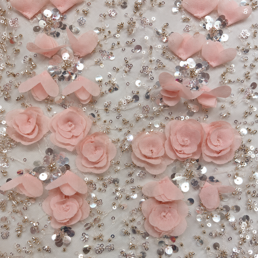 3D Rose Floral Beaded & Sequin Embellished Mesh Fabric