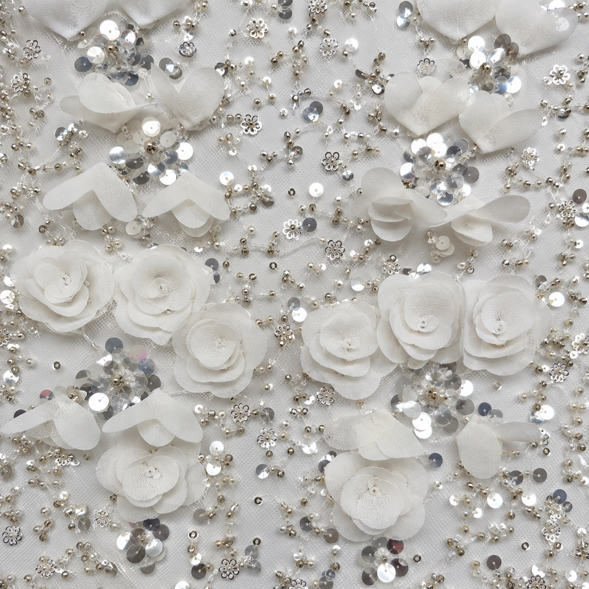 3D Rose Floral Beaded & Sequin Embellished Mesh Fabric