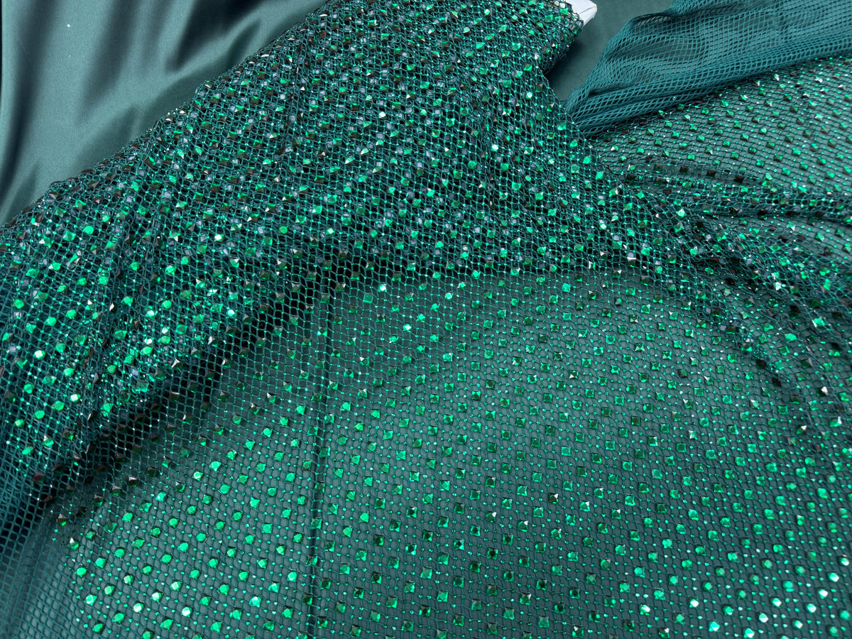 Luxury Diamond Gemstone Fishnet Mesh Fabric
