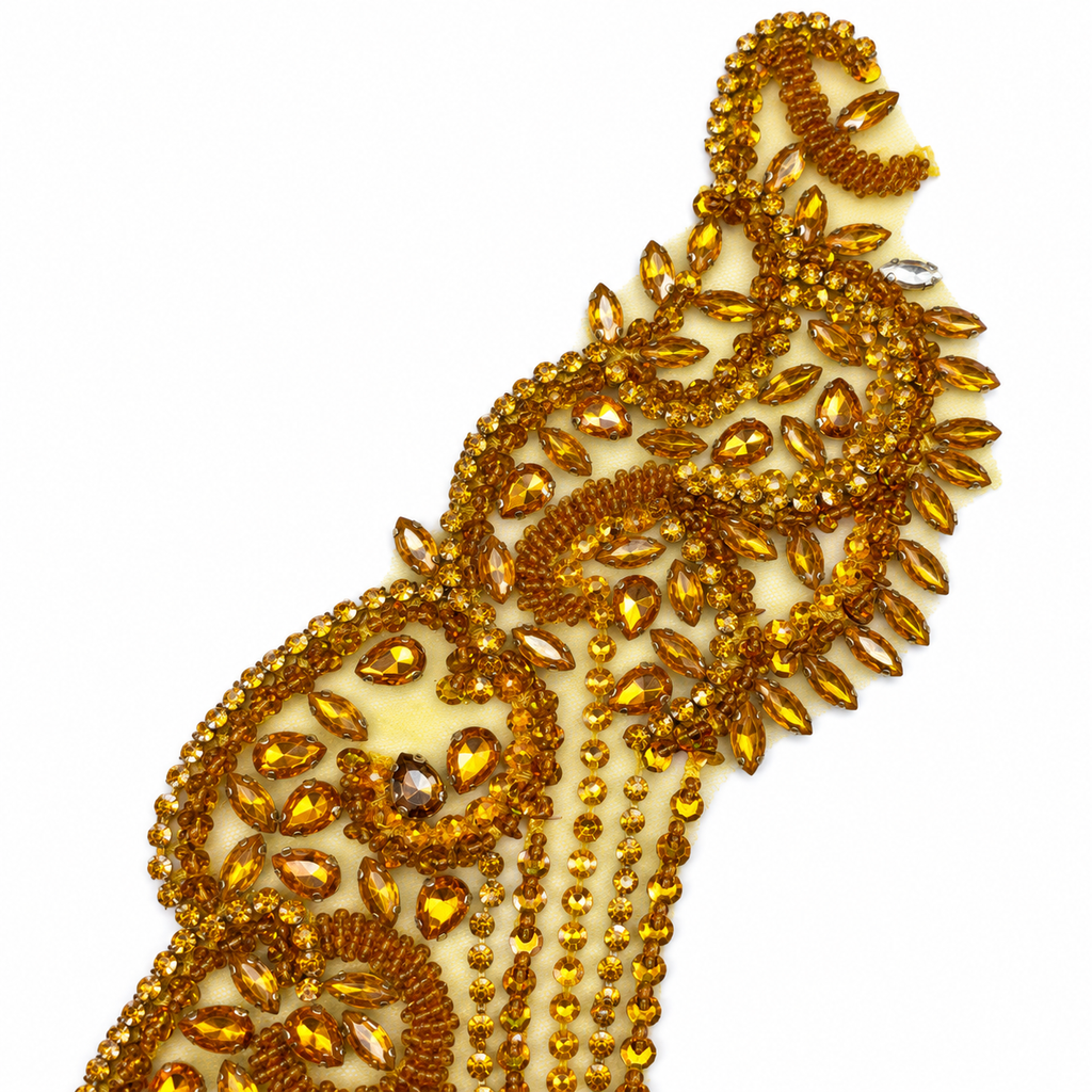 Gold Beaded & Crystal Rhinestone Bodice Lace Appliqué