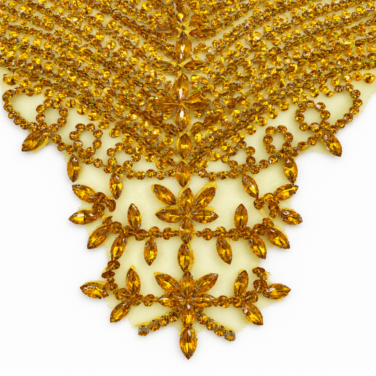 Gold Beaded & Crystal Rhinestone Bodice Lace Appliqué