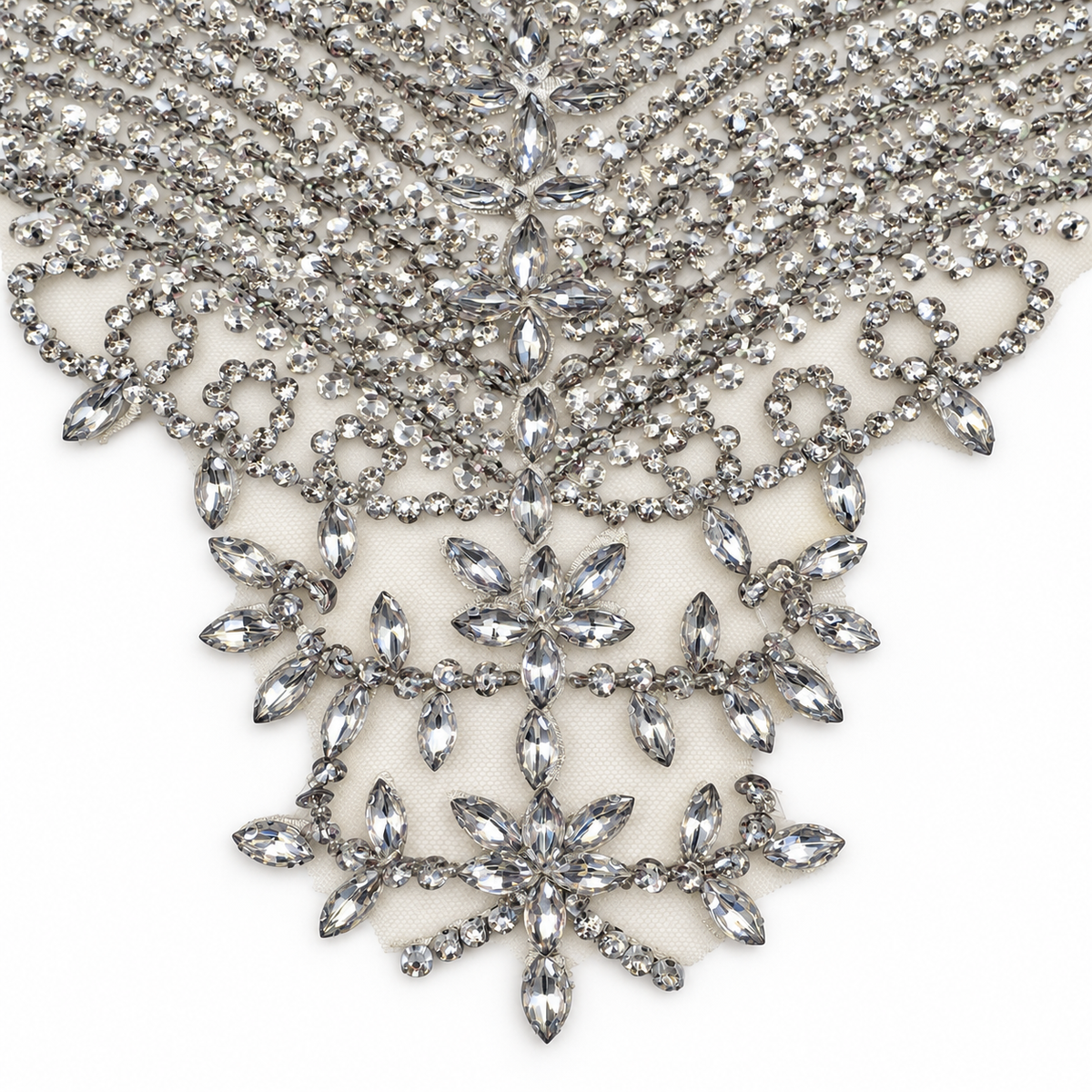 Silver Crystal & Beaded Bodice Lace Appliqué