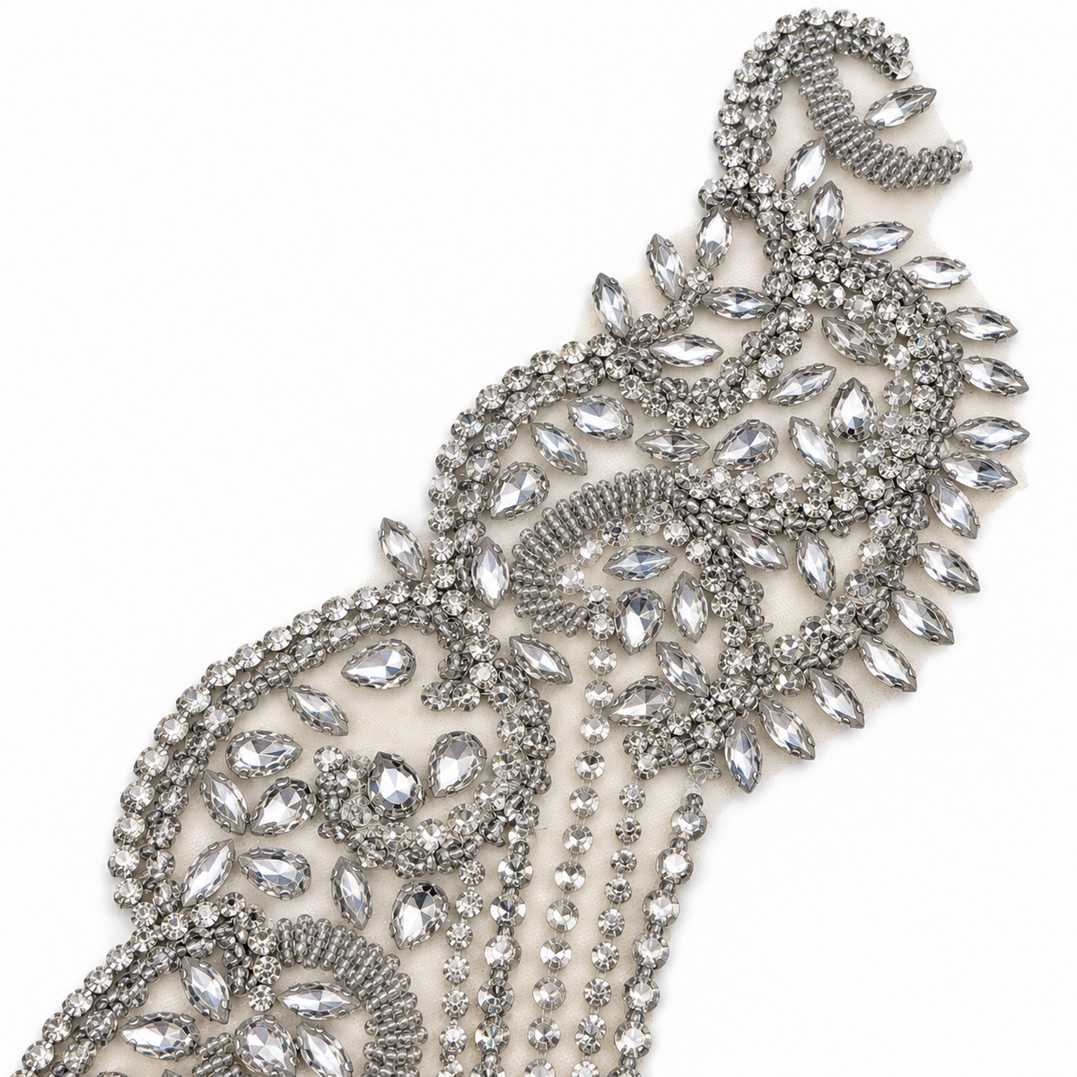 Silver Crystal & Beaded Bodice Lace Appliqué