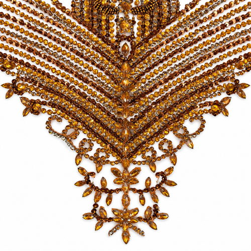 Bronze Gold Beaded & Crystal Rhinestone Bodice Lace Appliquéé