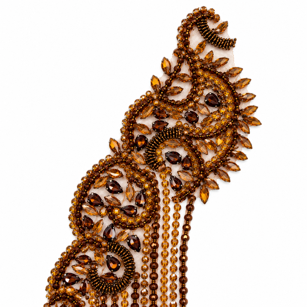 Bronze Gold Beaded & Crystal Rhinestone Bodice Lace Appliquéé