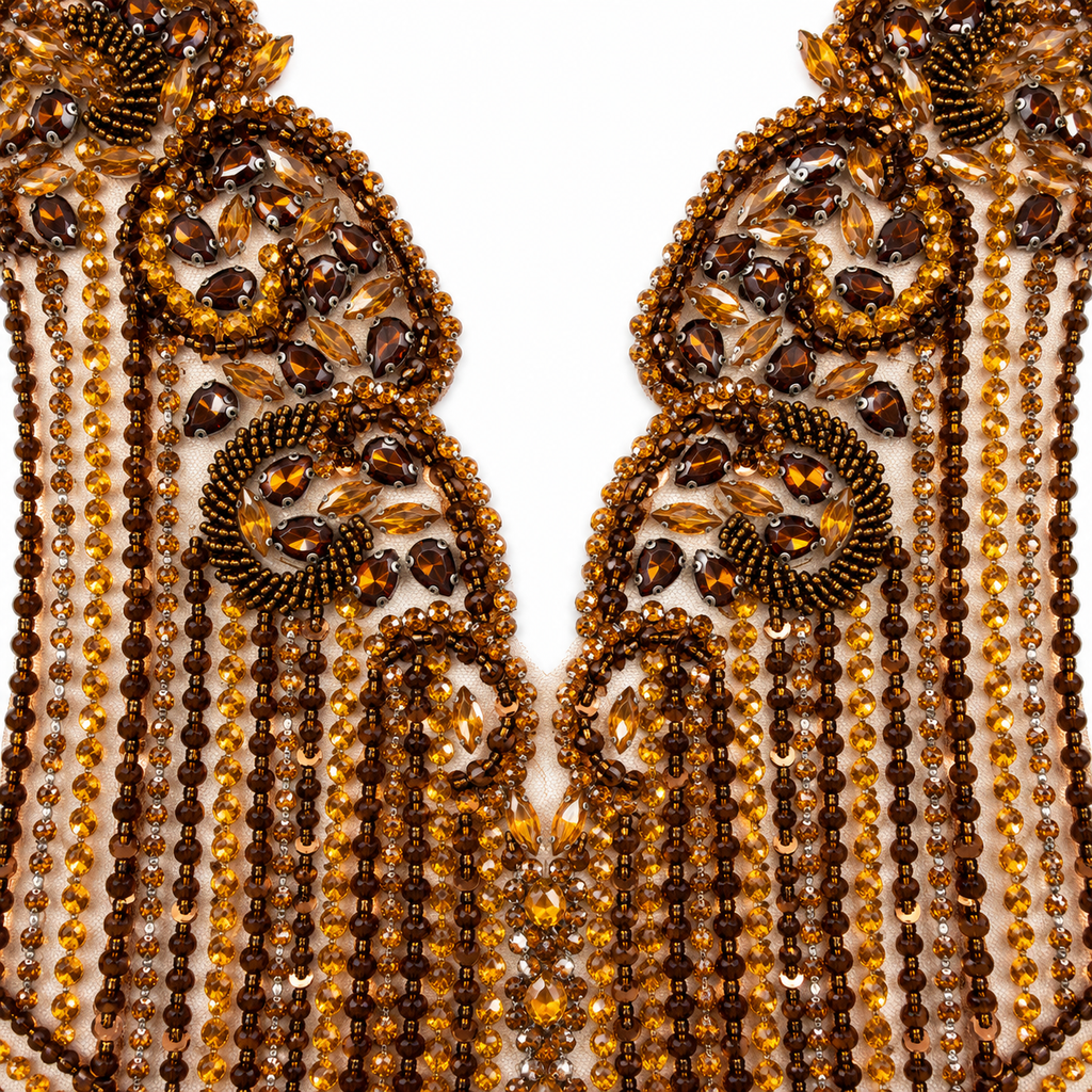 Bronze Gold Beaded & Crystal Rhinestone Bodice Lace Appliquéé