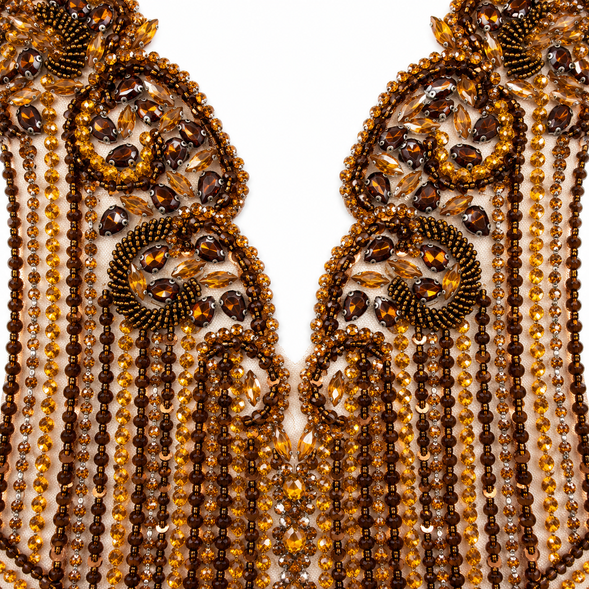 Bronze Gold Beaded & Crystal Rhinestone Bodice Lace Appliquéé