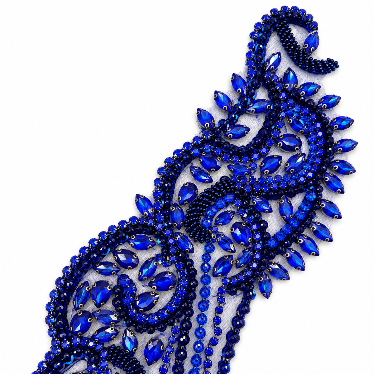 Royal Blue Beaded & Crystal Rhinestone Bodice Lace Appliqué
