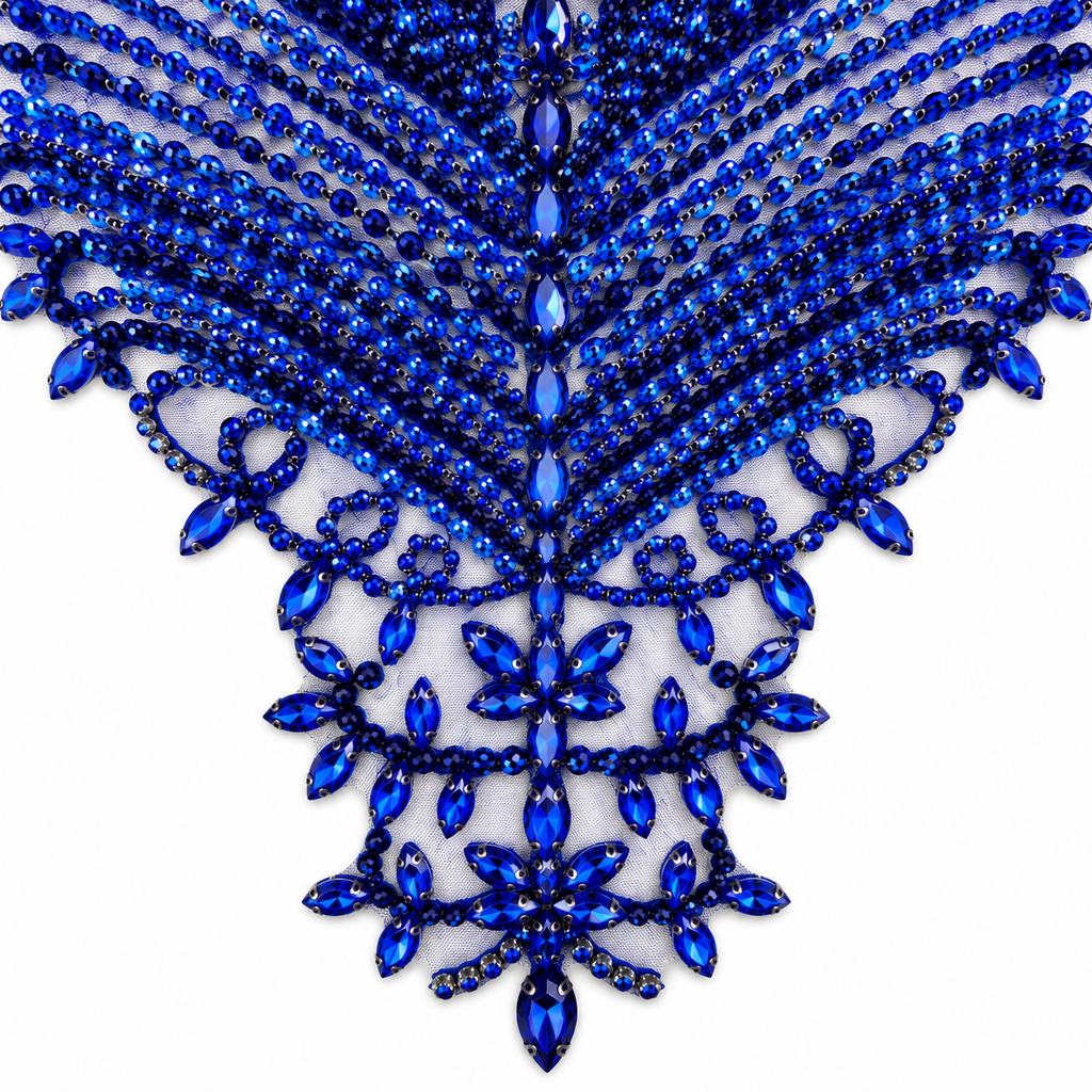 Royal Blue Beaded & Crystal Rhinestone Bodice Lace Appliqué