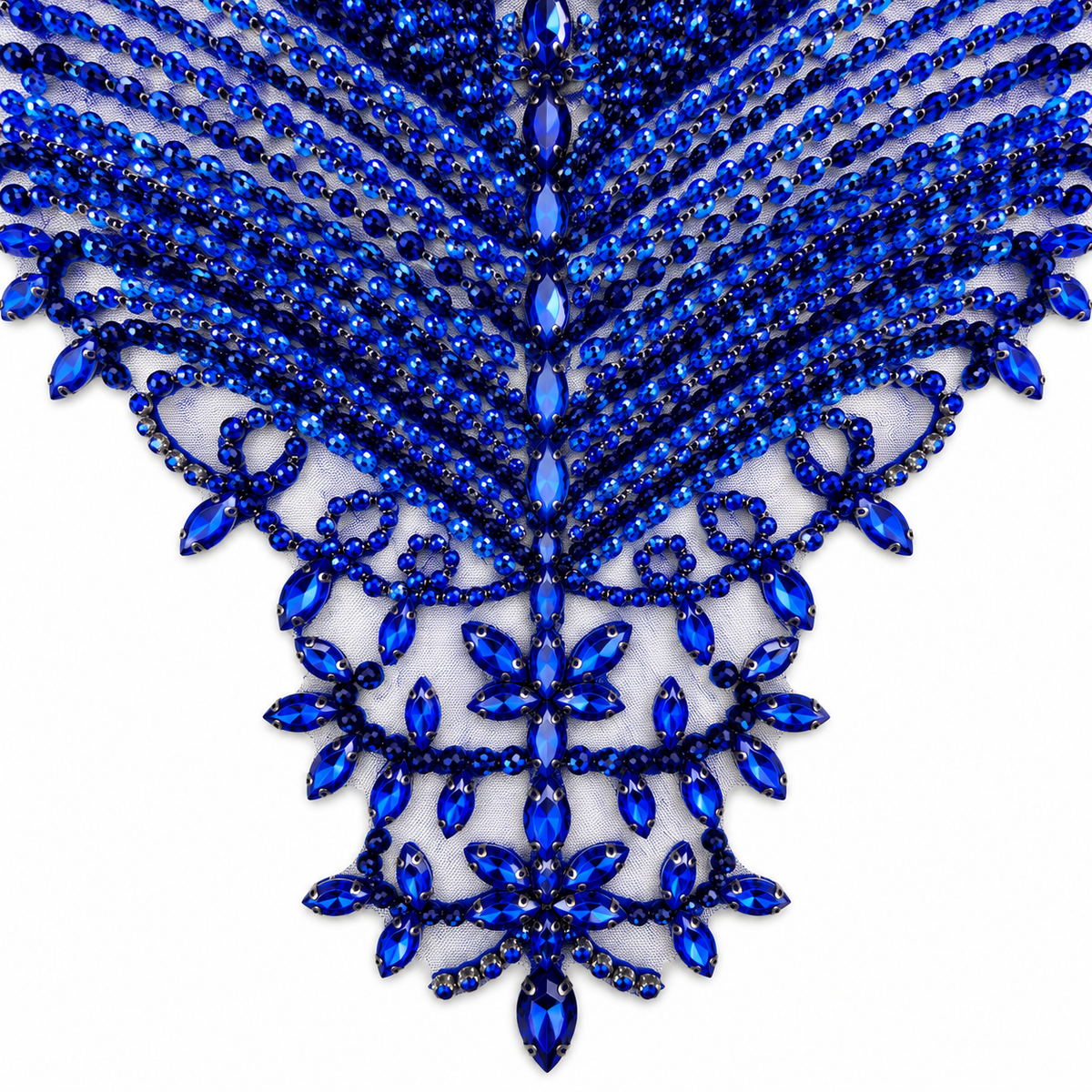 Royal Blue Beaded & Crystal Rhinestone Bodice Lace Appliqué