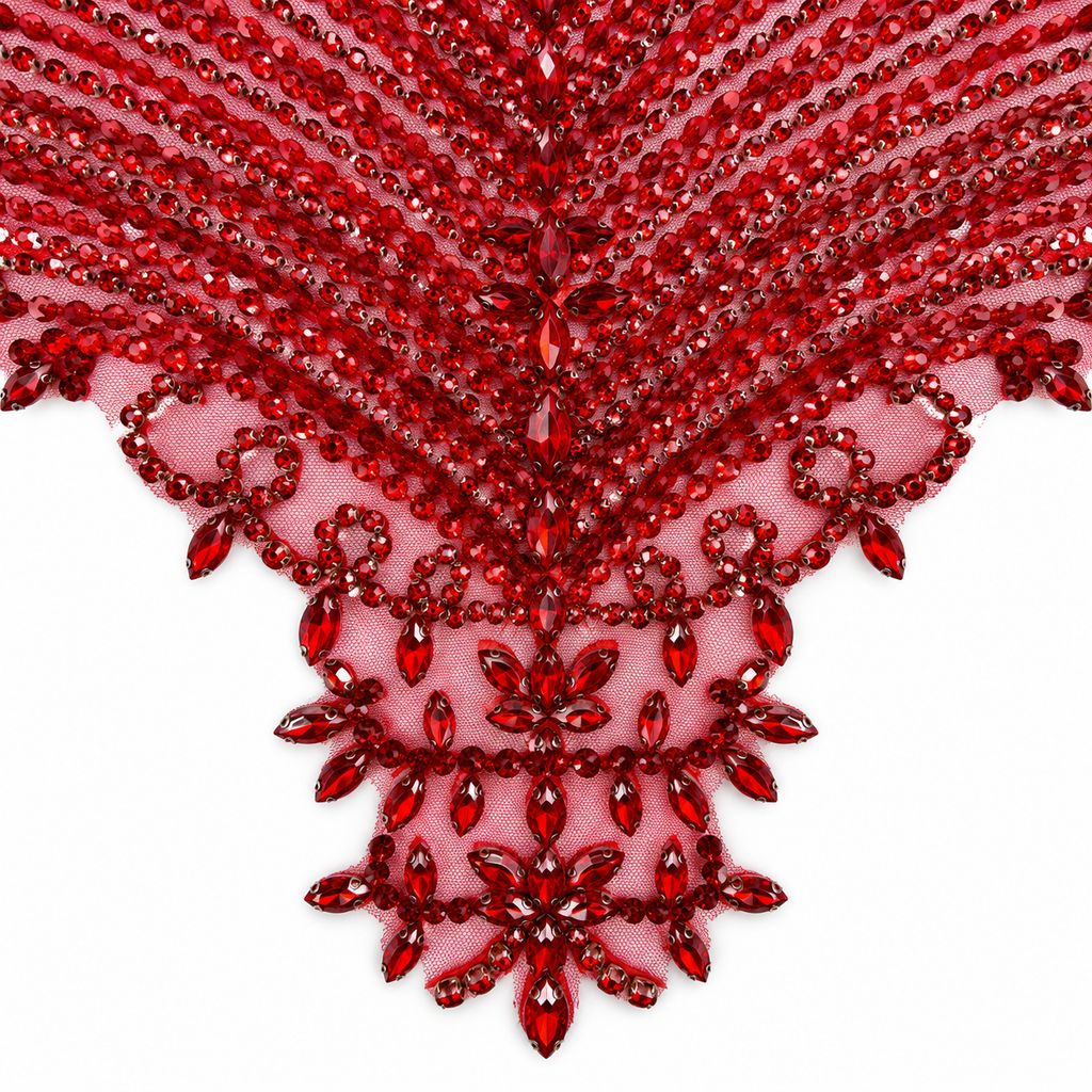 Red Beaded & Crystal Rhinestone Bodice Lace Appliqué