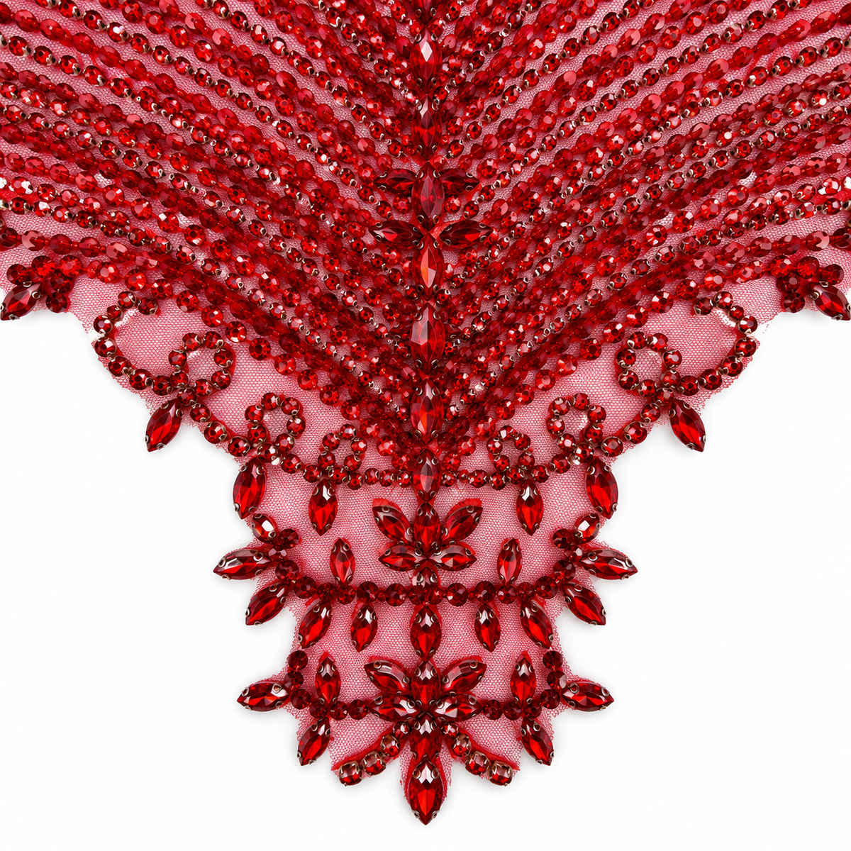 Red Beaded & Crystal Rhinestone Bodice Lace Appliqué