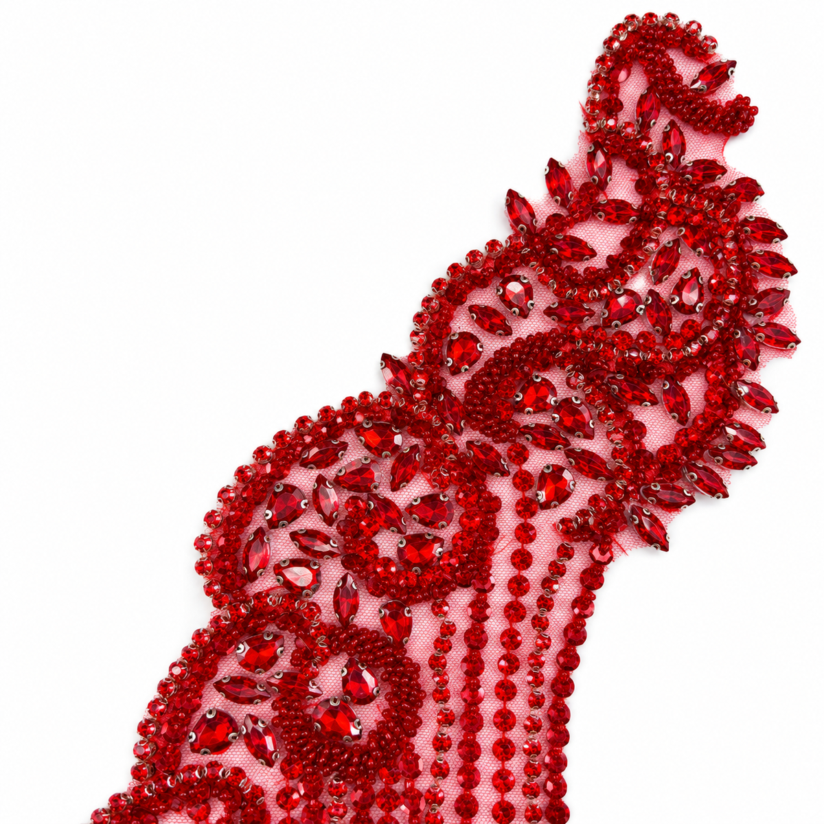 Red Beaded & Crystal Rhinestone Bodice Lace Appliqué