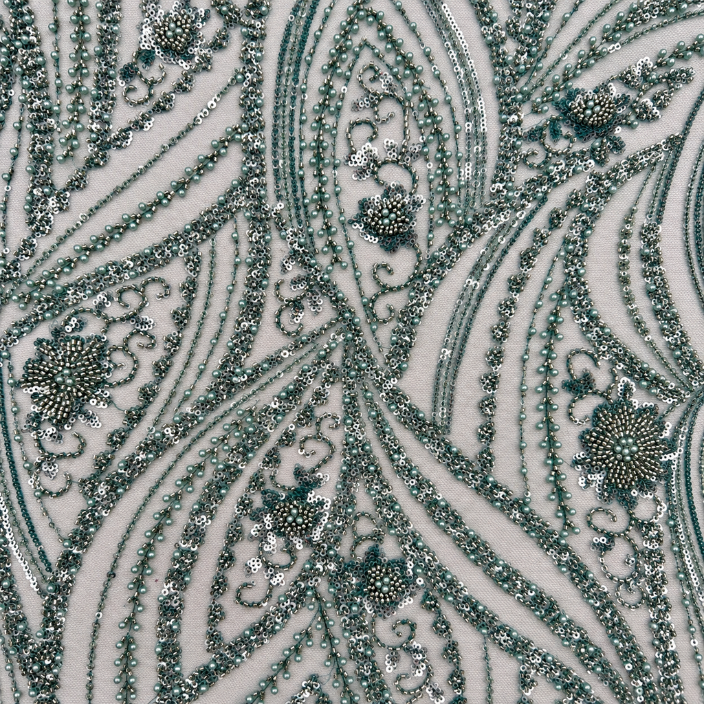Pearl & Sequin Embellished Arabesque Tulle Lace