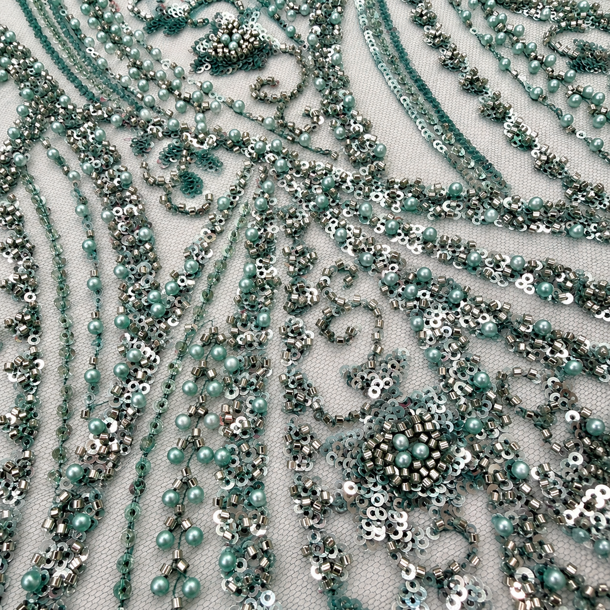 Pearl & Sequin Embellished Arabesque Tulle Lace
