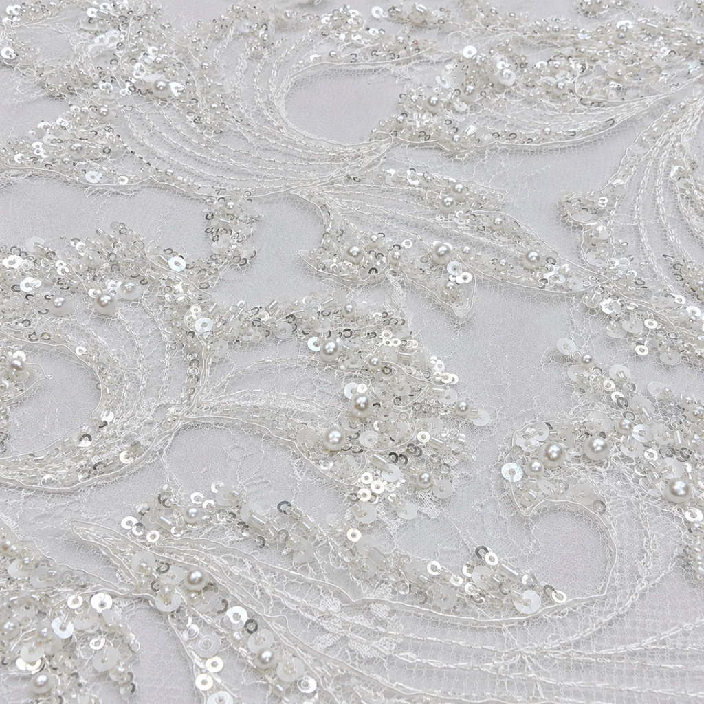White Pearl & Sequin Botanical Lace