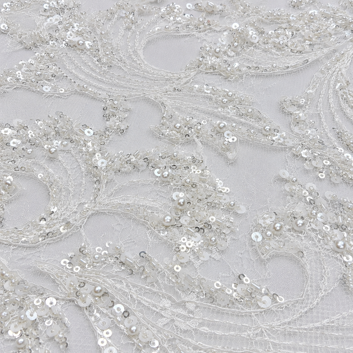 White Pearl & Sequin Botanical Lace