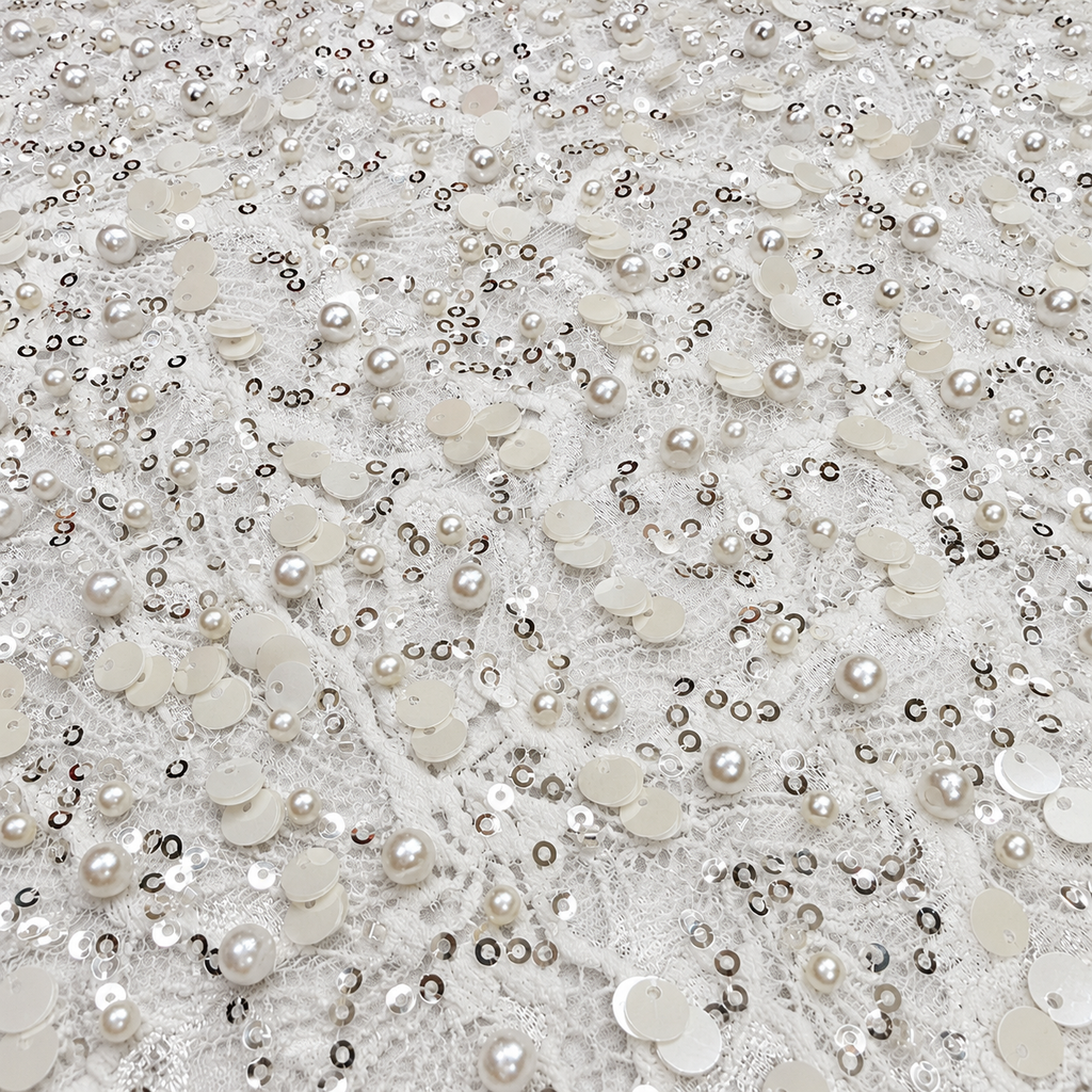 White Pearl & Sequin Embellished Lace