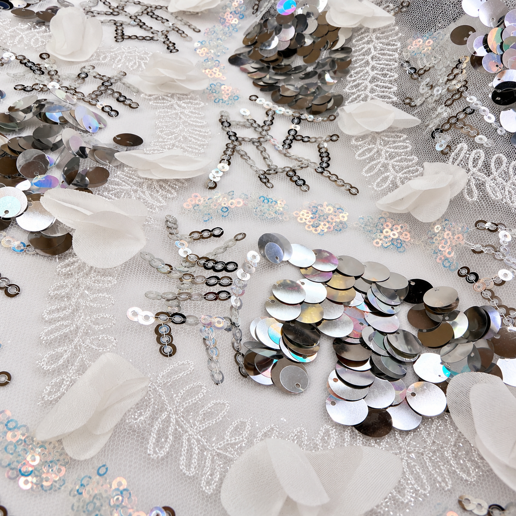White 3D Floral & Silver Sequin Botanical Lace