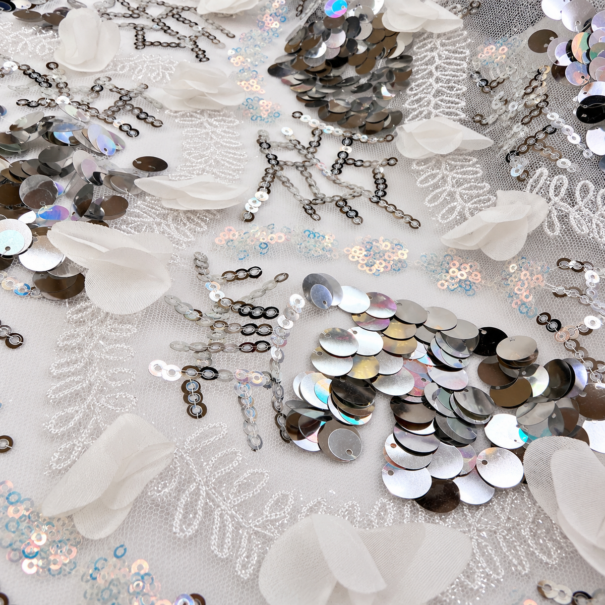 White 3D Floral & Silver Sequin Botanical Lace