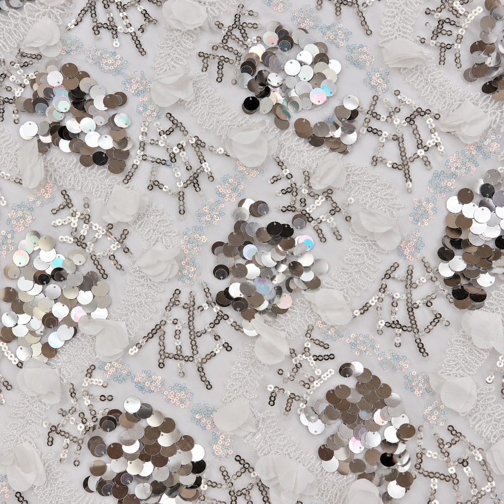 White 3D Floral & Silver Sequin Botanical Lace