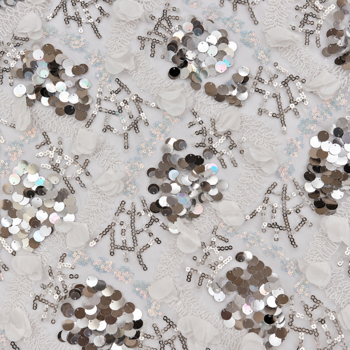 White 3D Floral & Silver Sequin Botanical Lace