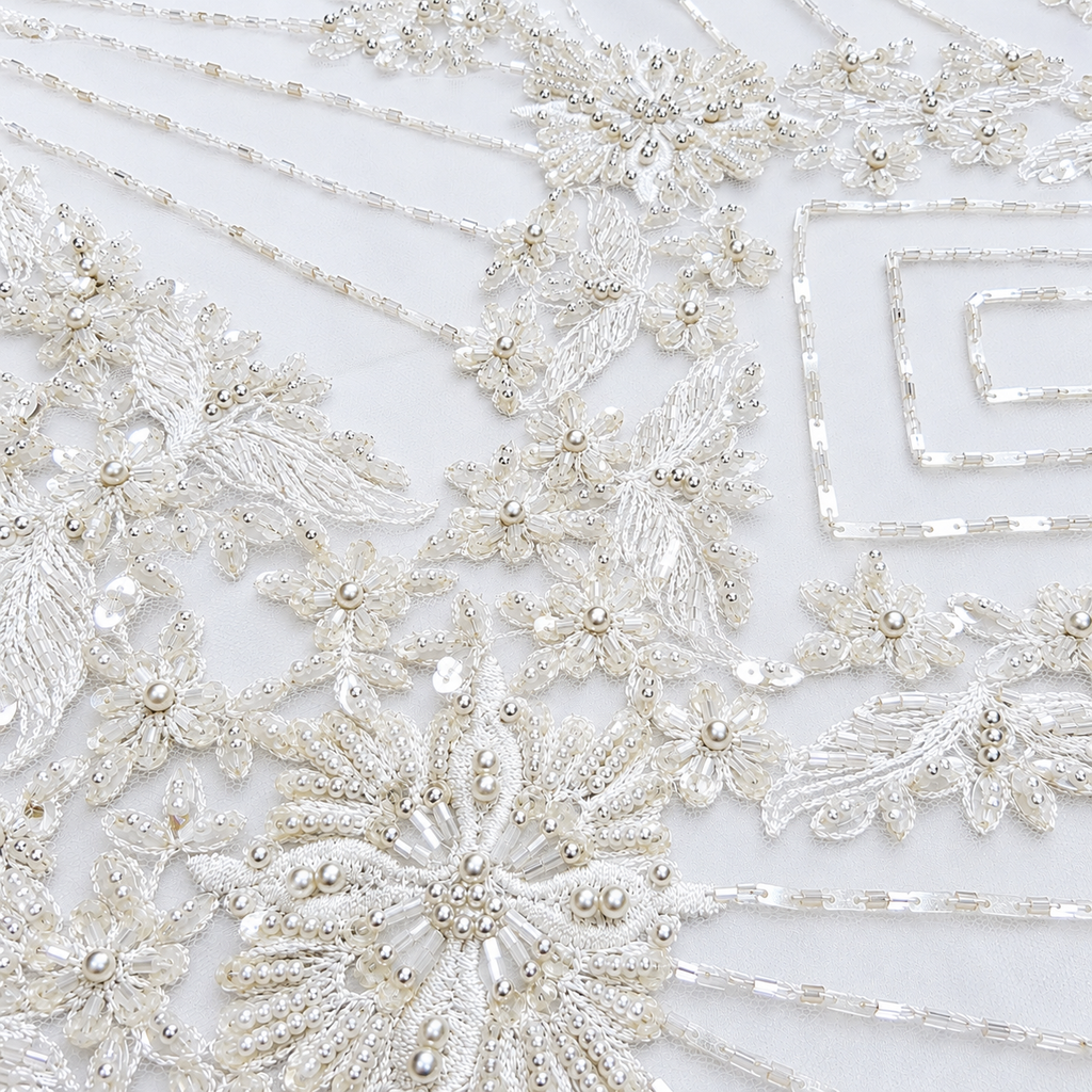 White Floral Geometric Heavy Beaded Lace