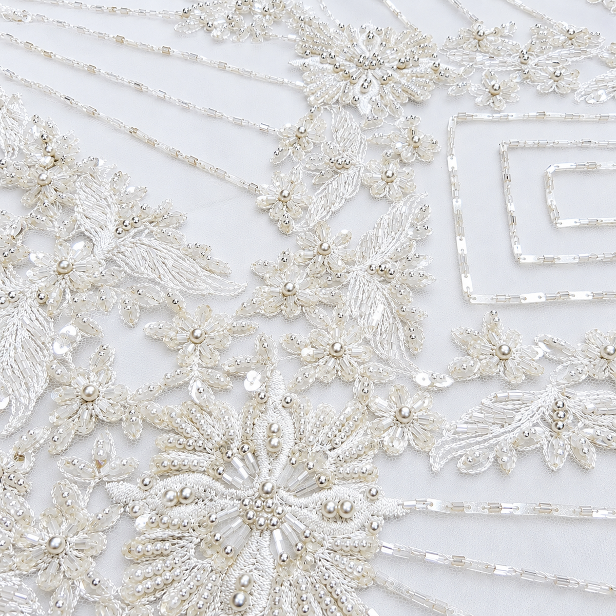 White Floral Geometric Heavy Beaded Lace