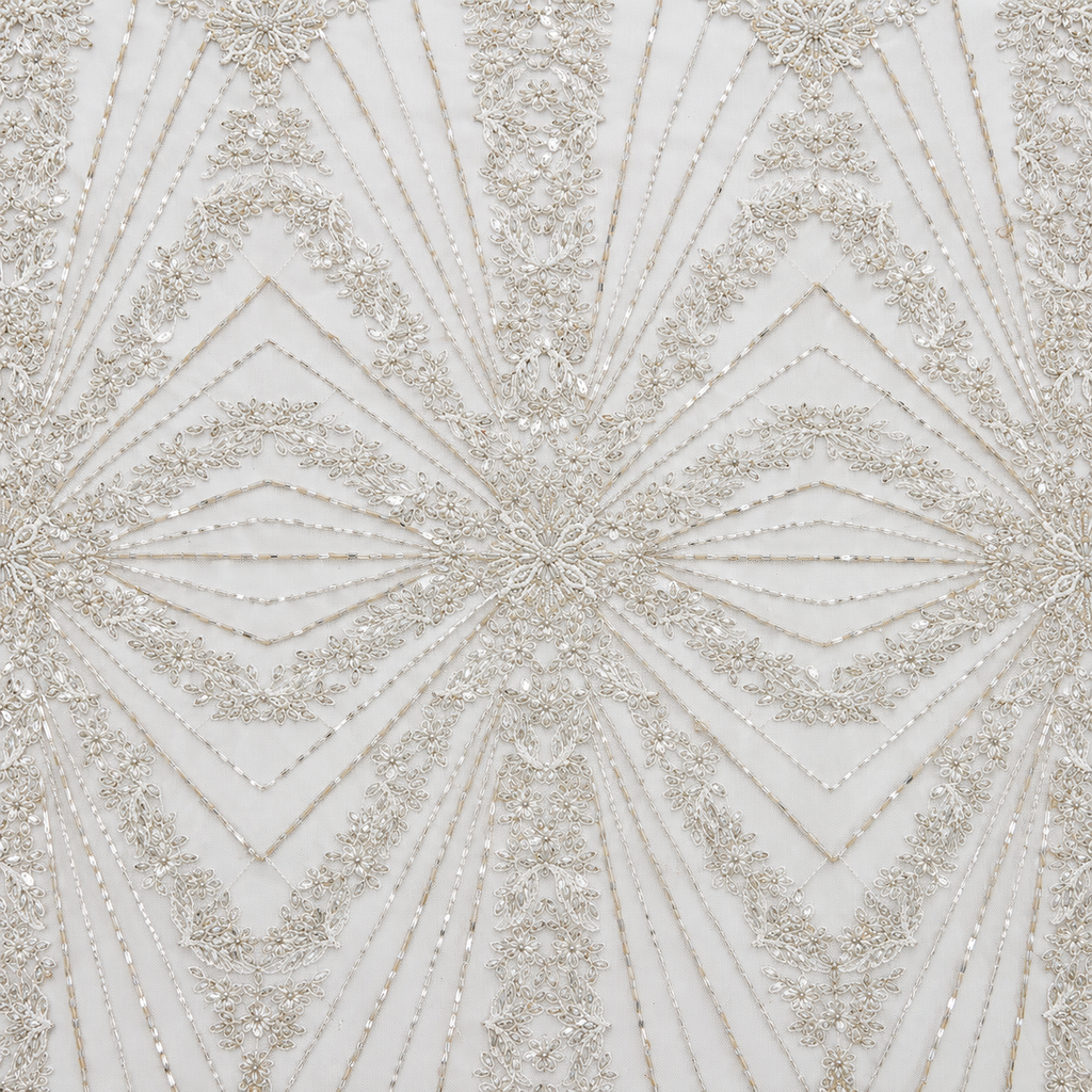 White Floral Geometric Heavy Beaded Lace