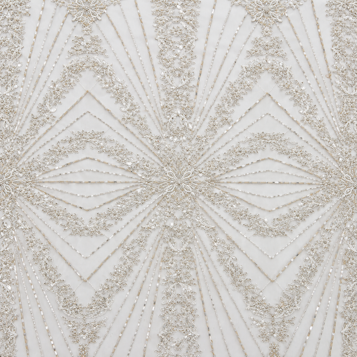 White Floral Geometric Heavy Beaded Lace