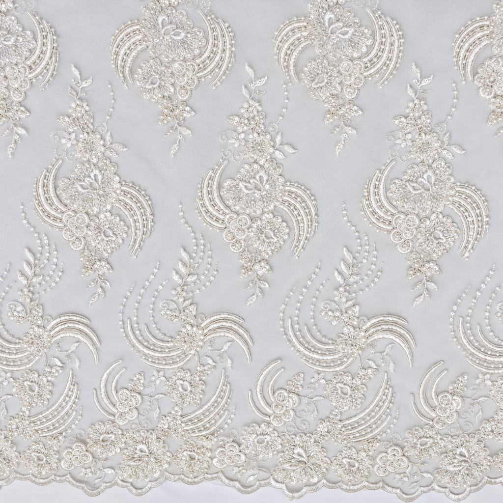 White Floral Swirl Embellished Lace