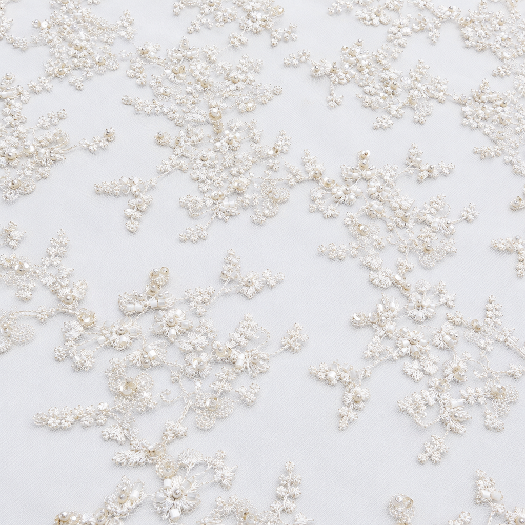 White Pearl & Sequin Delicate Floral Lace