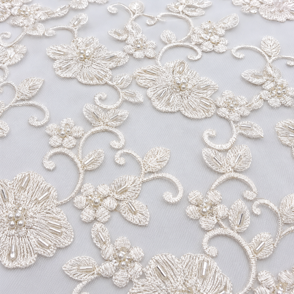 White Beaded Floral & Scroll Lace