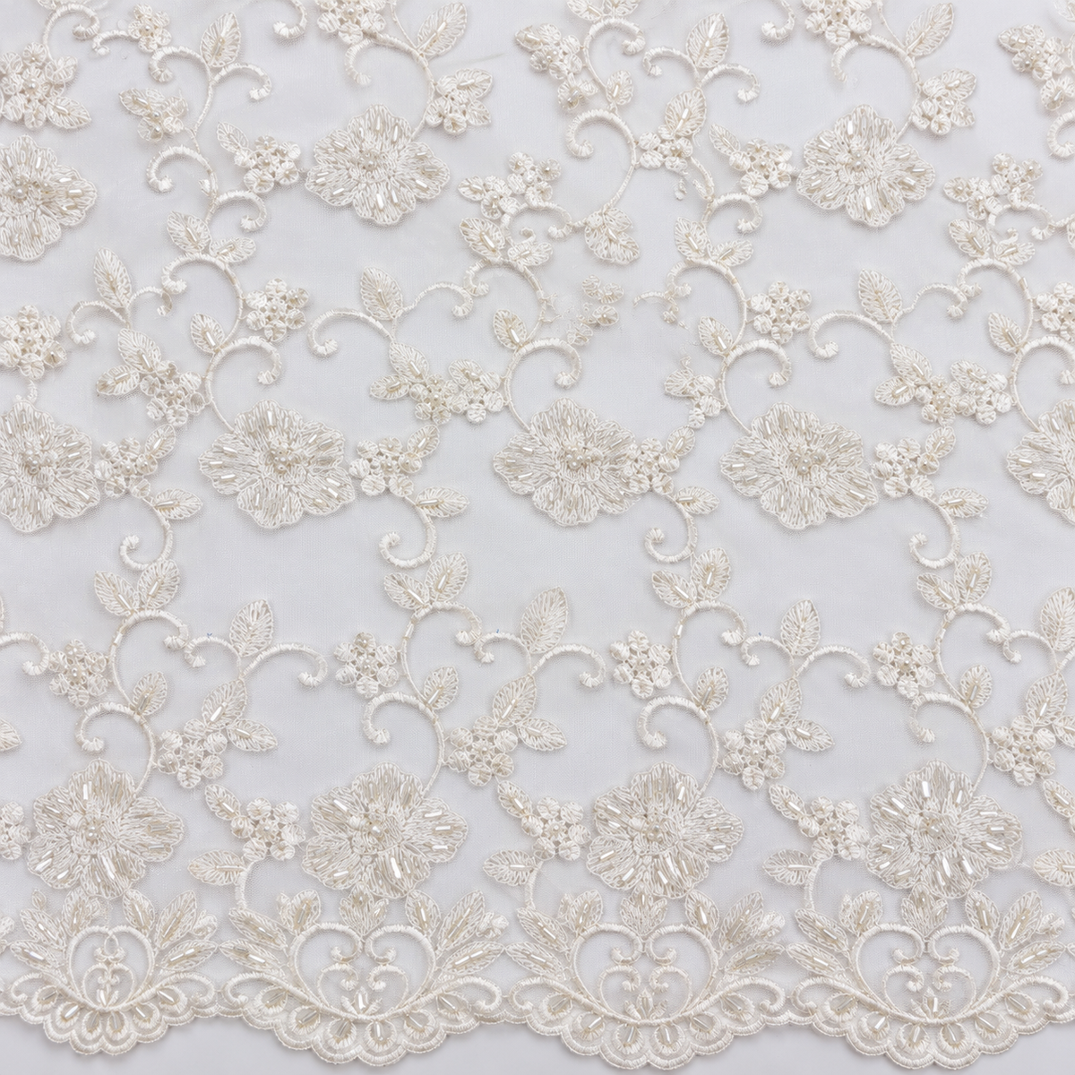 White Beaded Floral & Scroll Lace