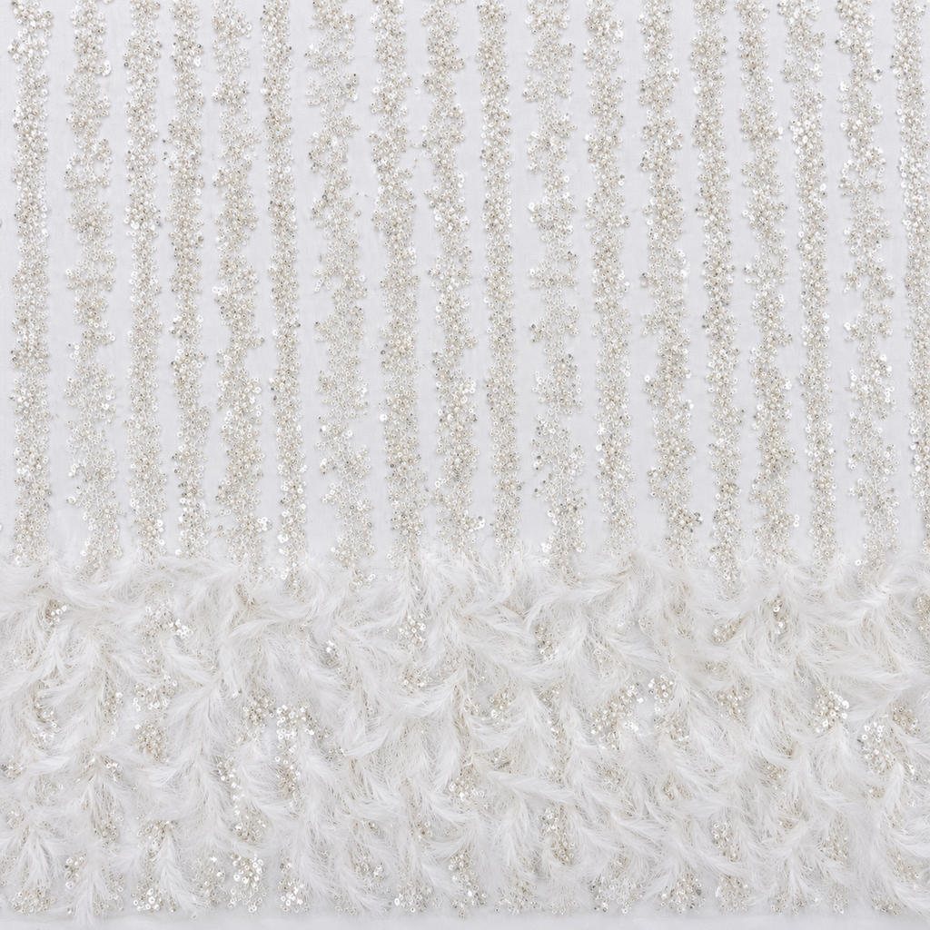 Ivory White Sequin & Feather Embellished Tulle Fabric
