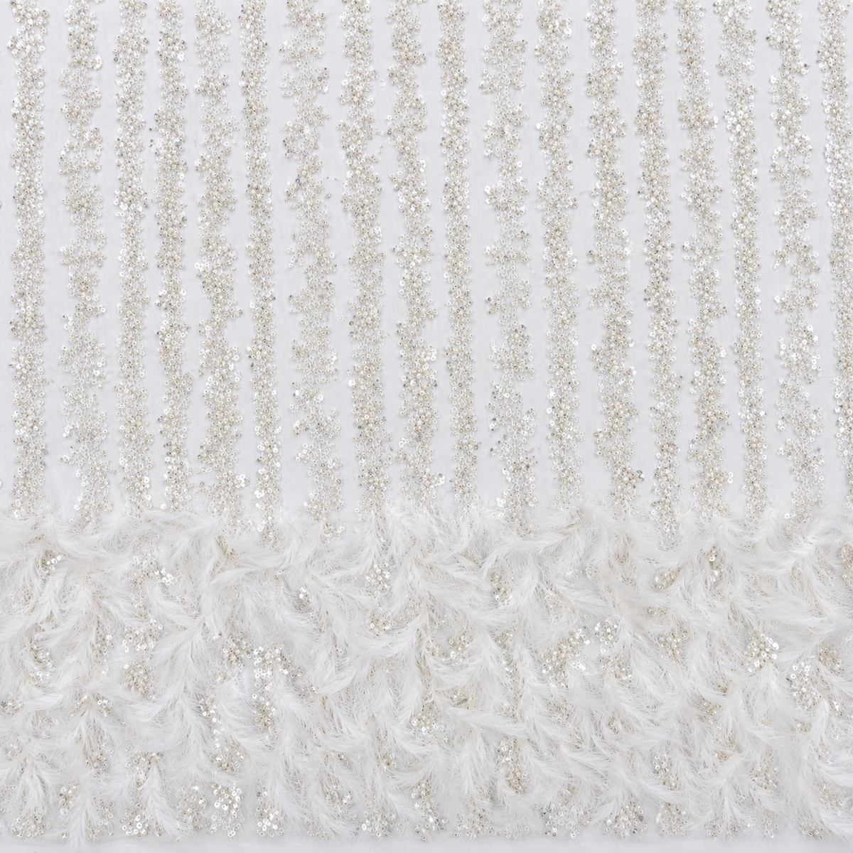 Ivory White Sequin & Feather Embellished Tulle Fabric