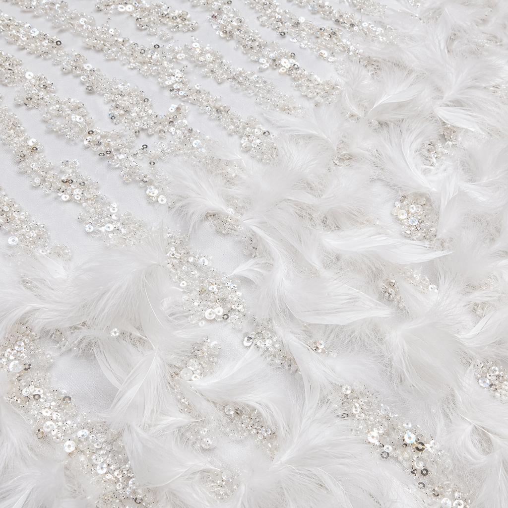 Ivory White Sequin & Feather Embellished Tulle Fabric