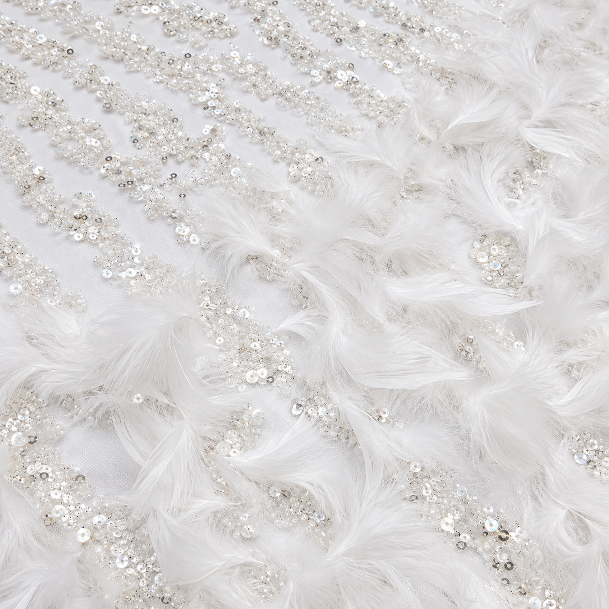 Ivory White Sequin & Feather Embellished Tulle Fabric
