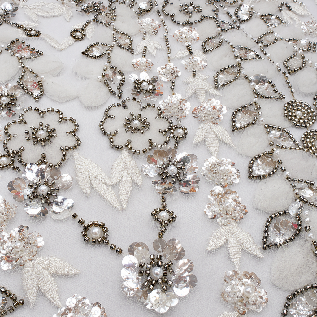 Luxury Ivory White & Silver Beaded Sequin Floral Lace Fabric