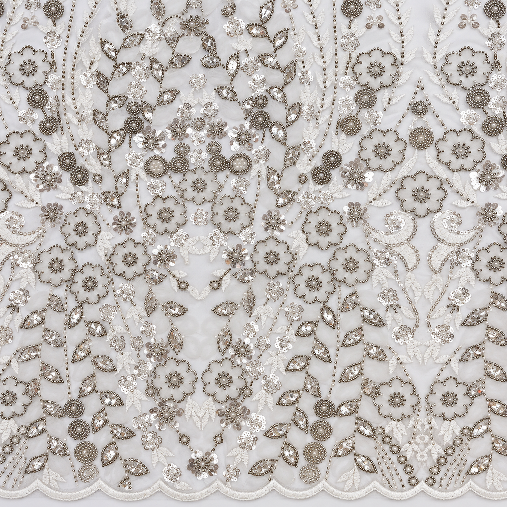 Luxury Ivory White & Silver Beaded Sequin Floral Lace Fabric
