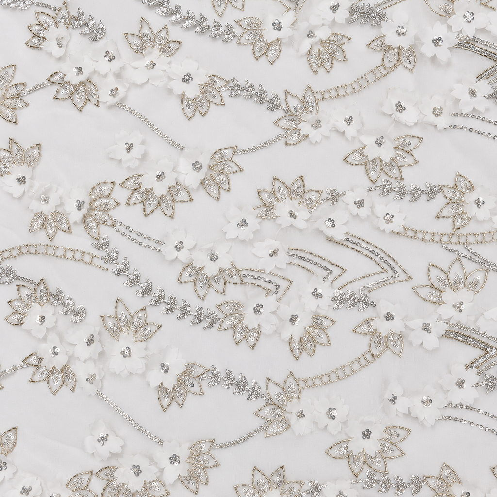 White 3D Floral Beaded & Sequinned Bridal Lace Fabric