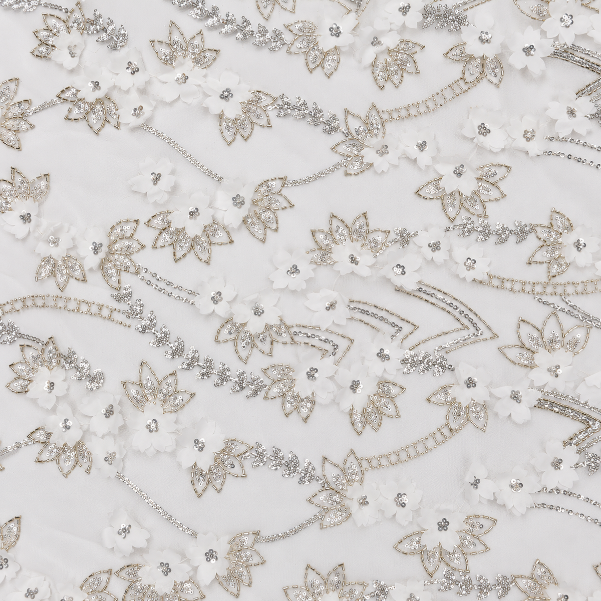 White 3D Floral Beaded & Sequinned Bridal Lace Fabric