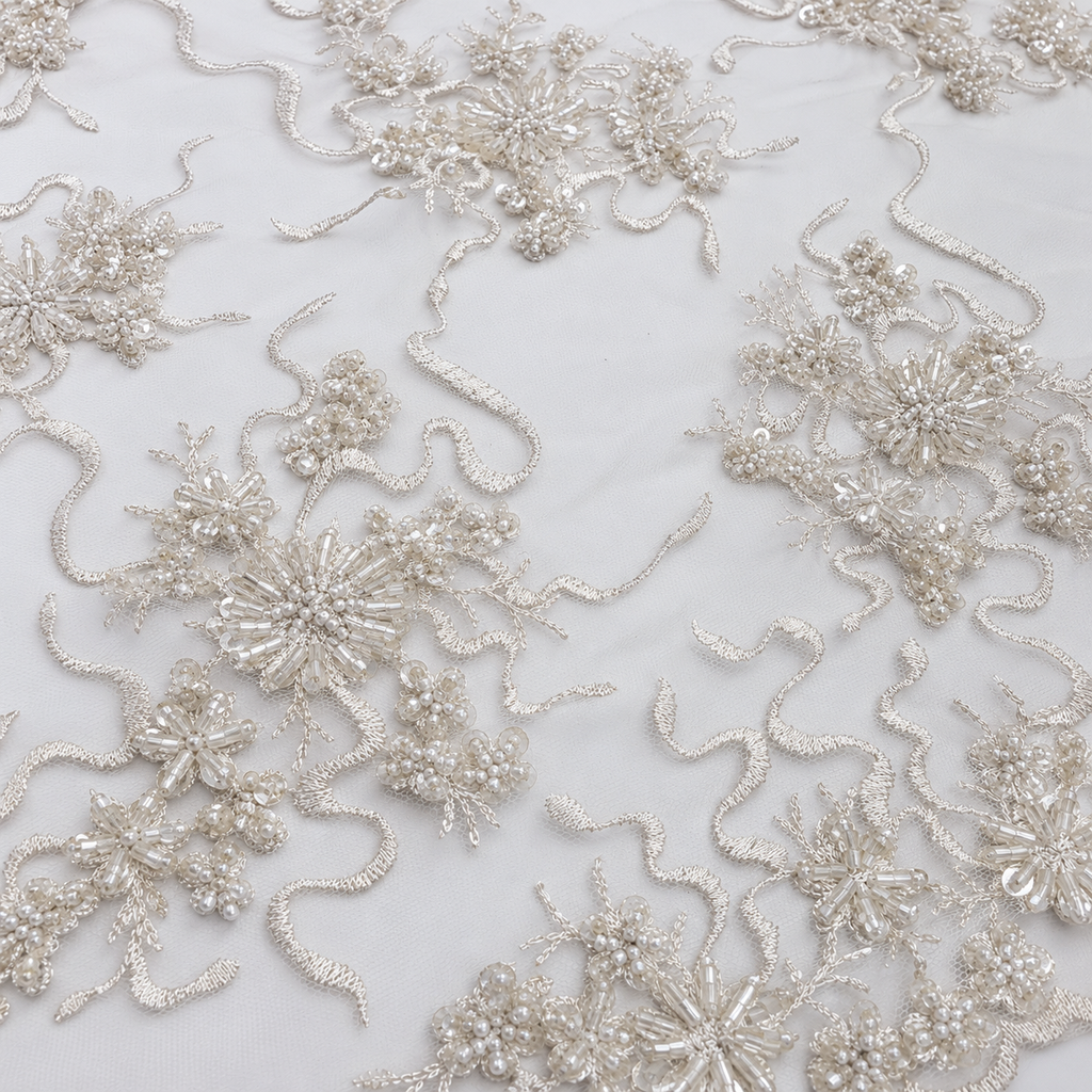 Silver Beaded Floral Embroidered Bridal Lace