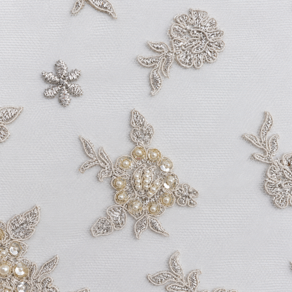 Silver Embroidered Pearl & Sequin Floral Bridal Lace