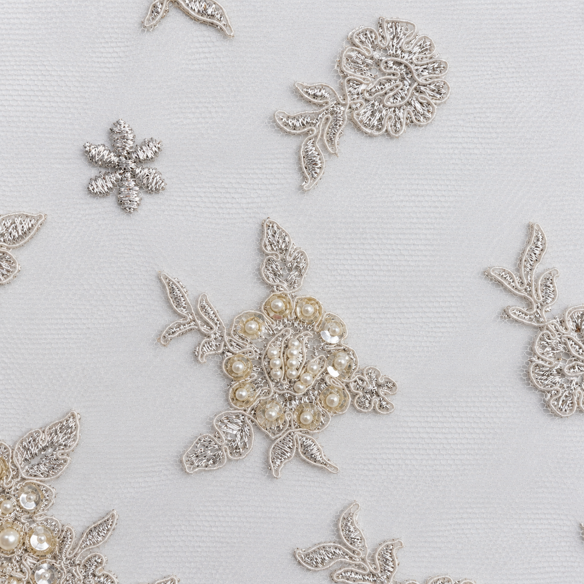Silver Embroidered Pearl & Sequin Floral Bridal Lace