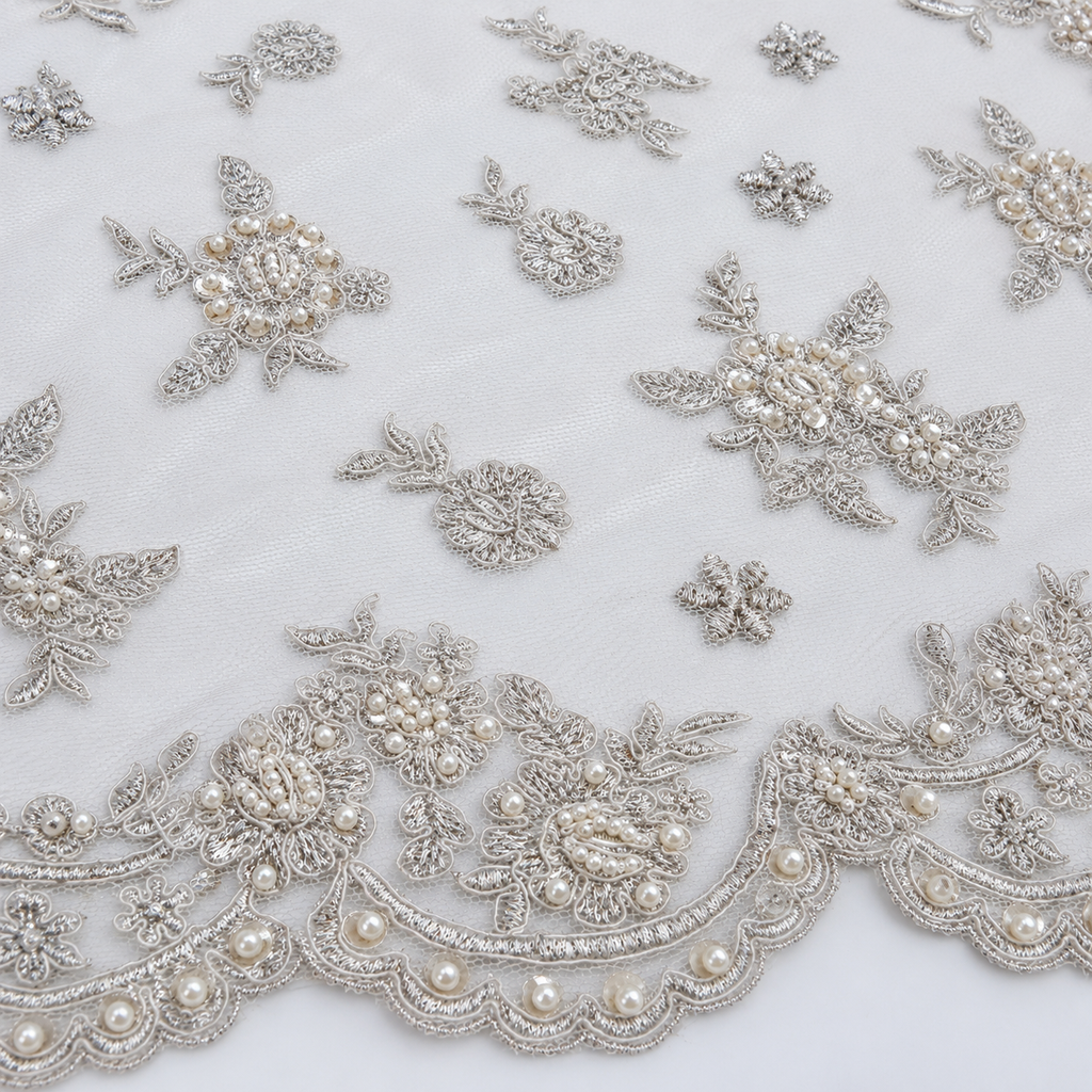 Silver Embroidered Pearl & Sequin Floral Bridal Lace